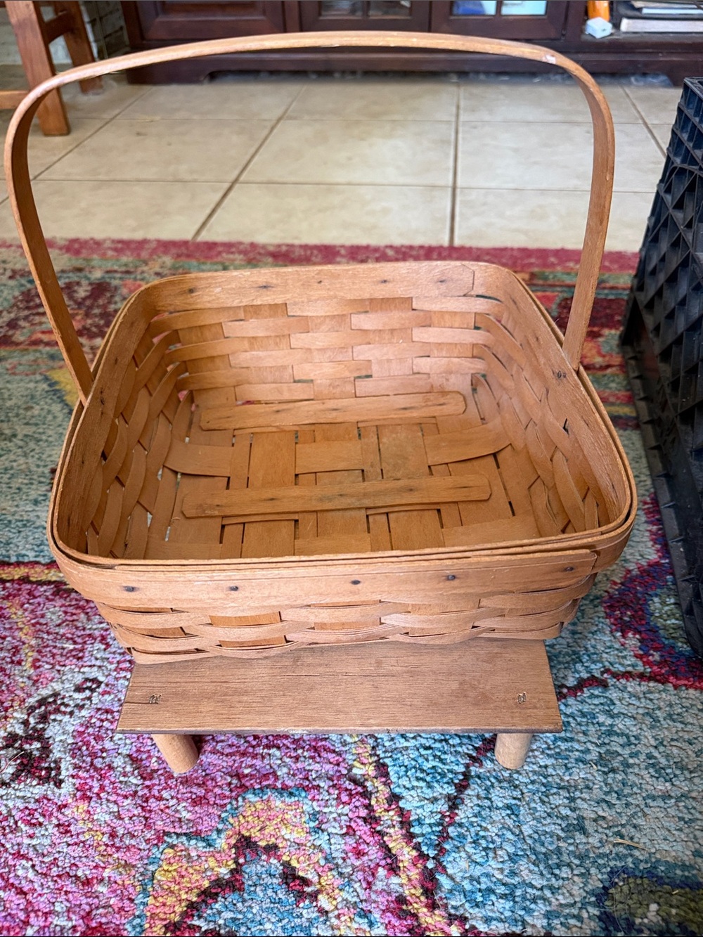 Large Longaberger Natural Brown Woven Basket with Handle and Riser